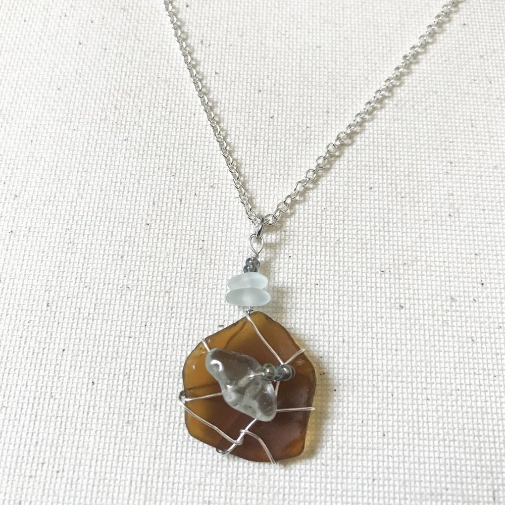 Brown & Light Blue Sea Glass Aquamarine Crystal Gemstone Necklace Ocean Mermaid